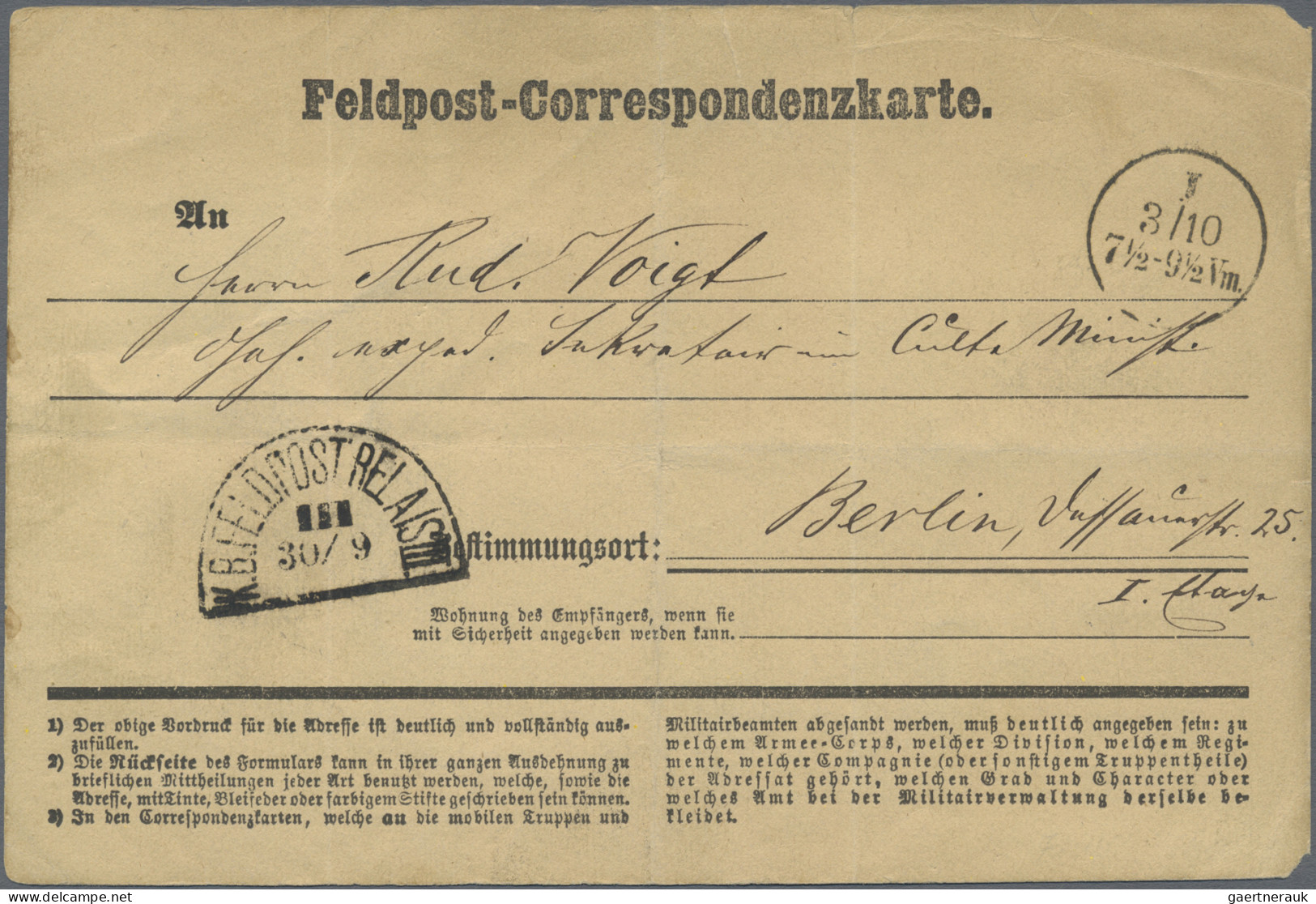 Bayern - Feldpost: 1870, "K.B.FELDPOST RELAIS III. 30/9", Halbkreisstempel Auf F - Autres & Non Classés