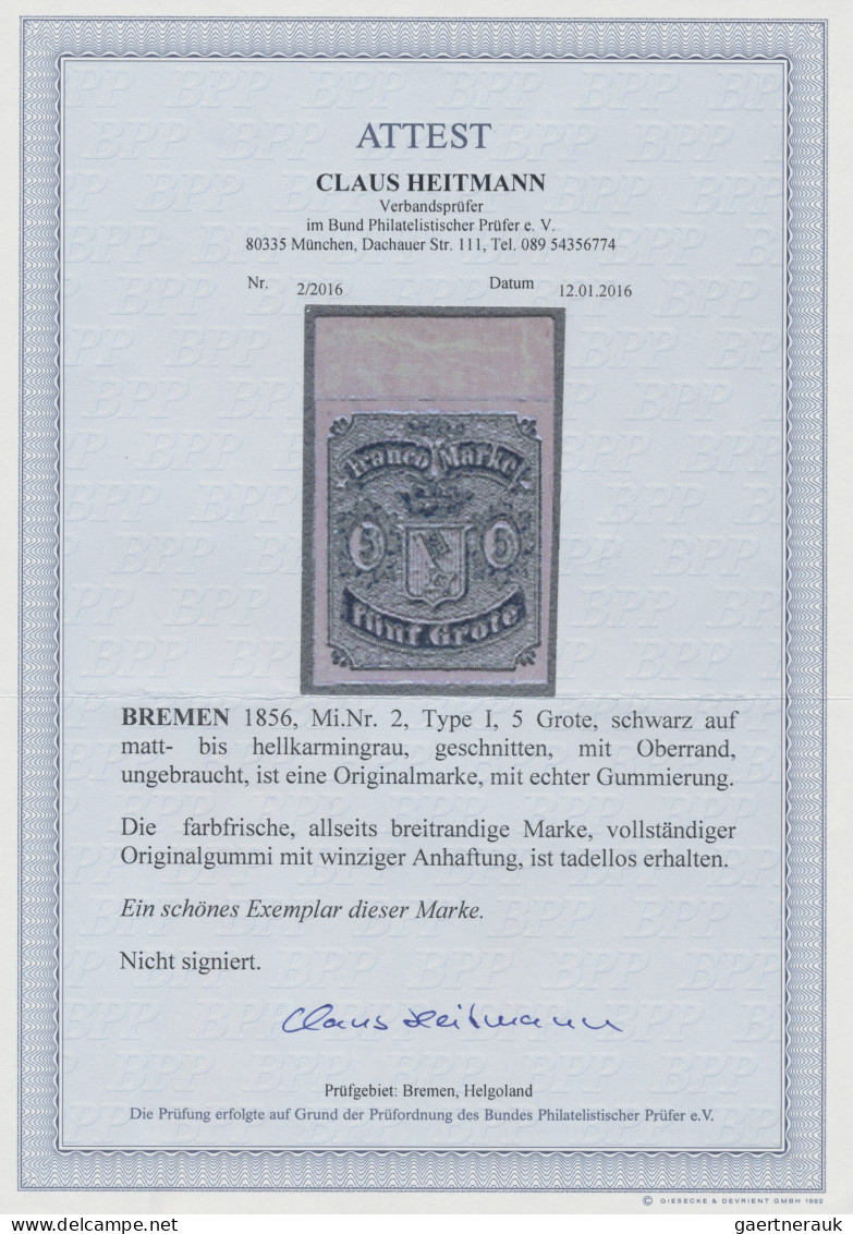 Bremen - Marken Und Briefe: 1856, 5 Gr Schwarz Auf Hellkarmingrau, Allseits Brei - Bremen