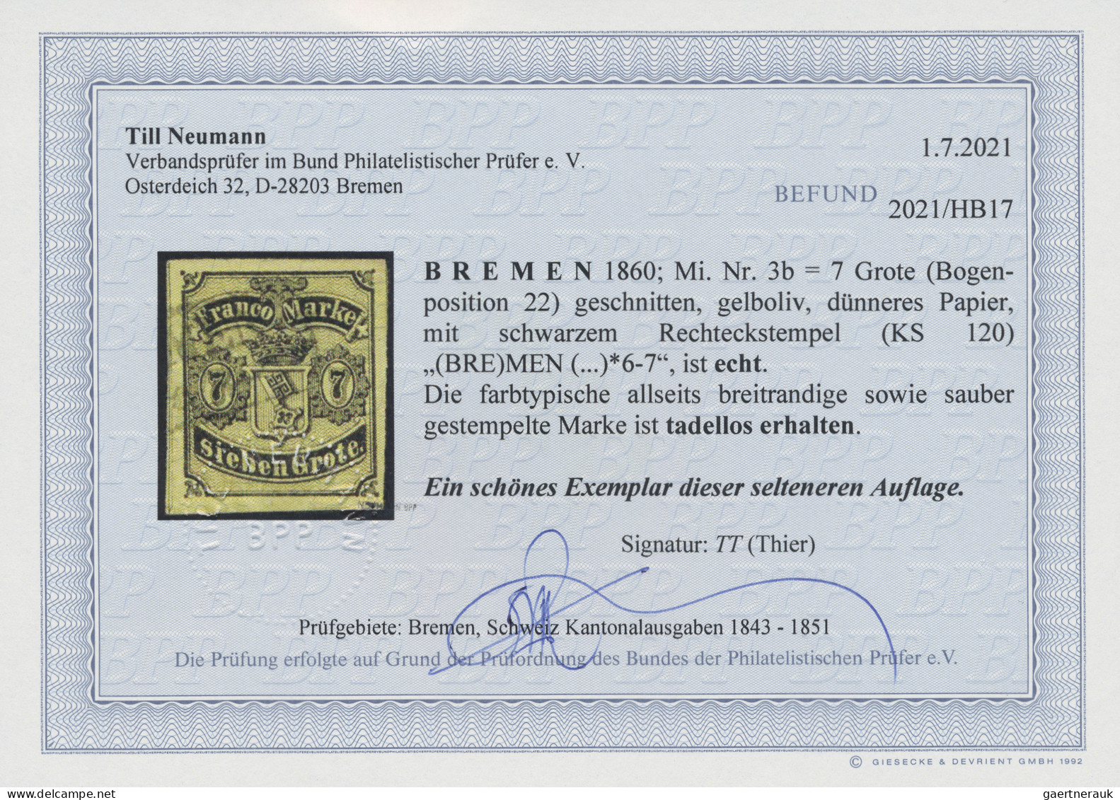 Bremen - Marken Und Briefe: 1860, 7 Gr Schwarz Auf Dünnerem Papier, Sauber Entwe - Bremen