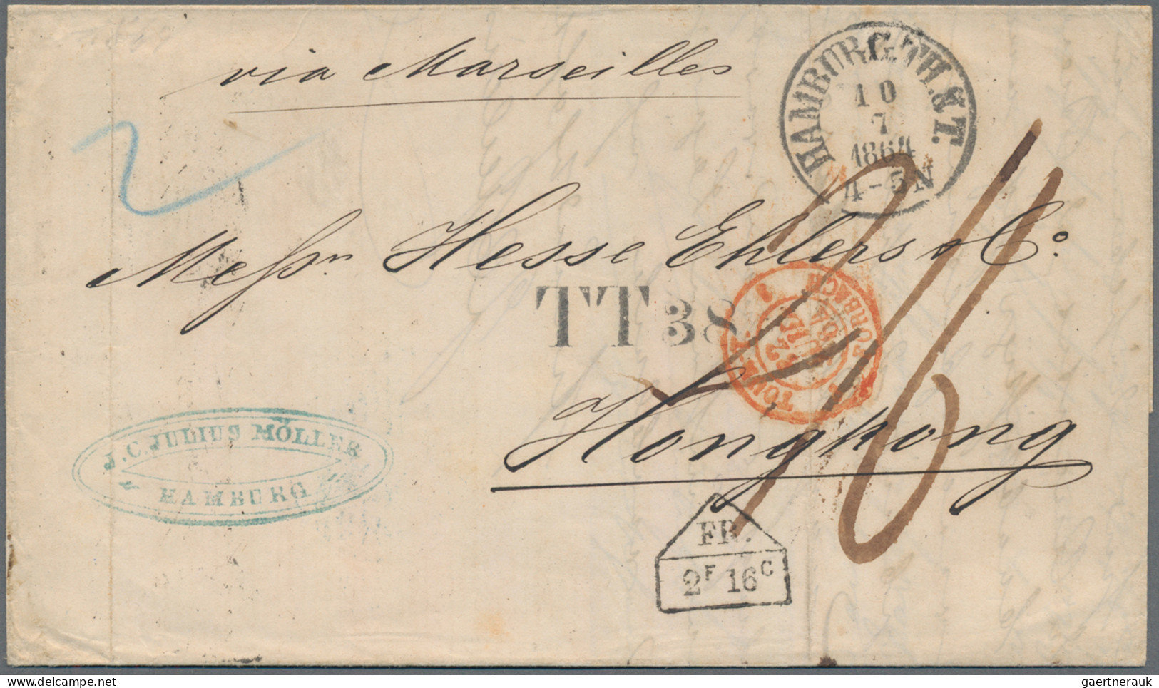 Hamburg - Thurn & Taxis Hauptpostamt: 1864, Destination CHINA, Markenloser Brief - Hambourg