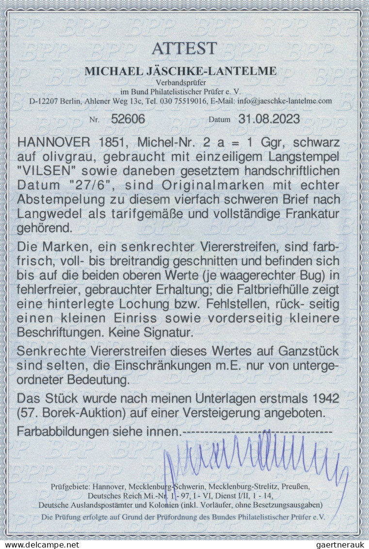 Hannover - Marken Und Briefe: 1851, 1 Ggr. Schwarz Auf Graugrün, Senkrechter Vie - Hannover
