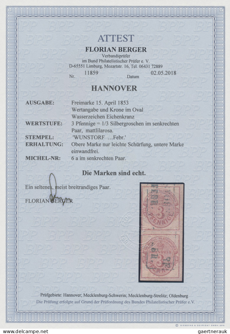 Hannover - Marken Und Briefe: 1853, 3 Pf Mattlilarosa Mit WZ Im Senkrechten Paar - Hannover