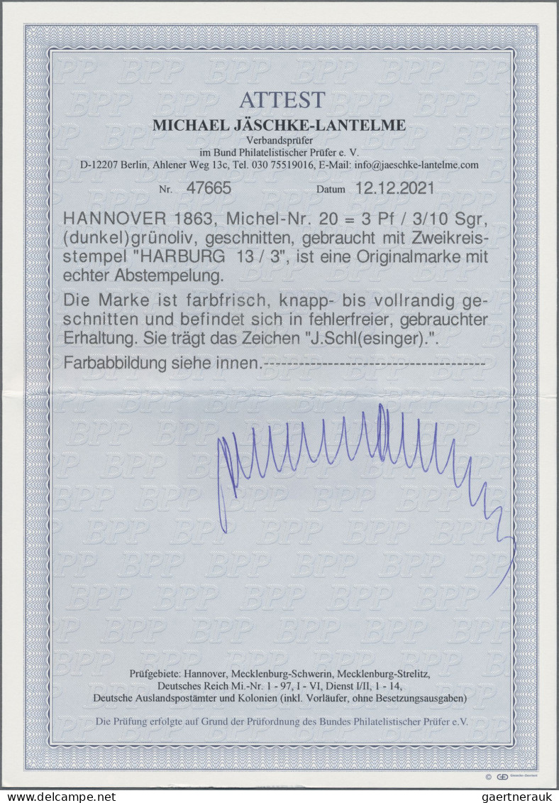 Hannover - Marken Und Briefe: 1863, 3 Pfg (dunkel)grünoliv, Geschnitten, Mit Zwe - Hanovre
