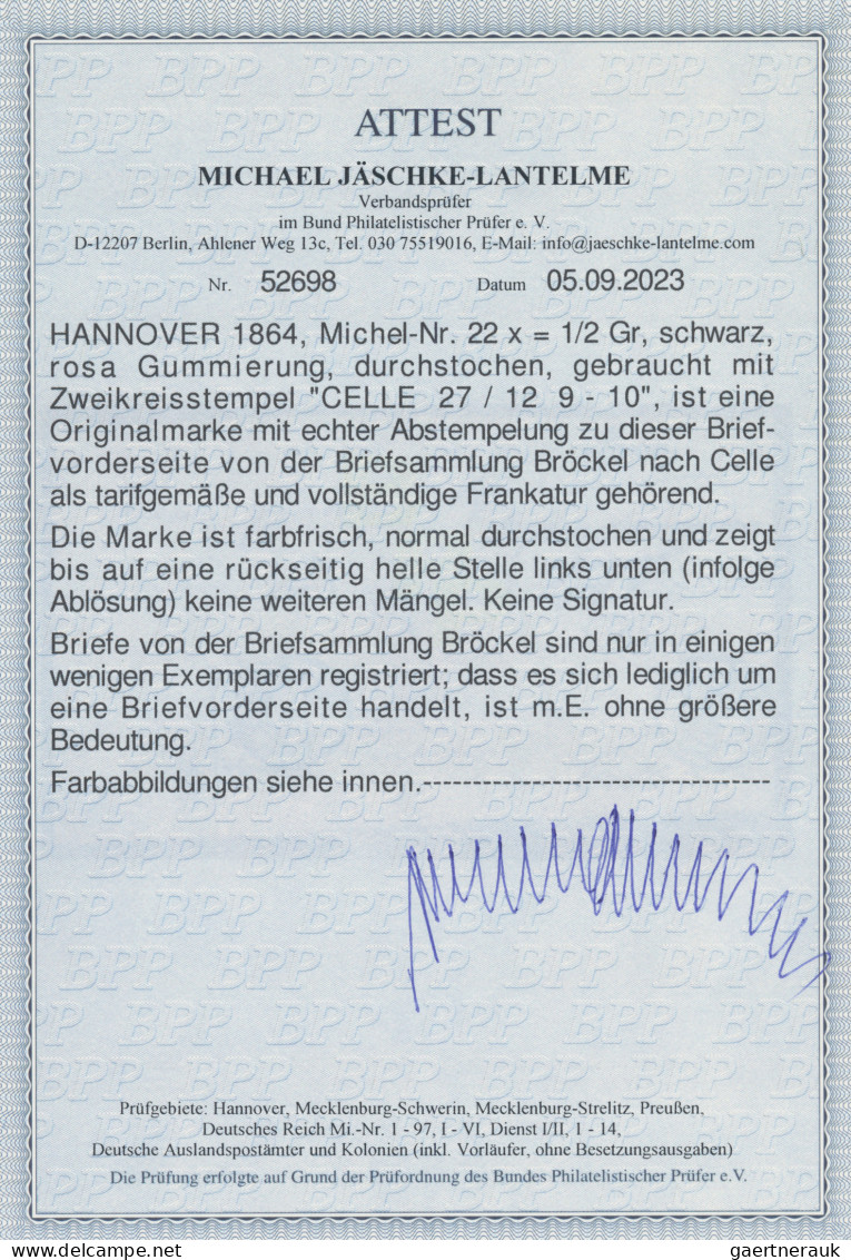 Hannover - Marken Und Briefe: 1864, 1/2 Gr. Schwarz, Rosa Gummi, Rückseitig Klei - Hannover
