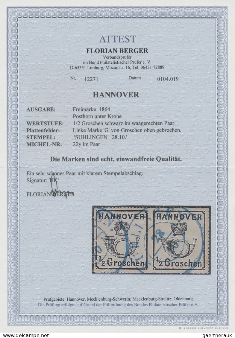 Hannover - Marken Und Briefe: 1864, 1/2 Gr Schwarz Mit Weißer Gummierung Als Dek - Hanover