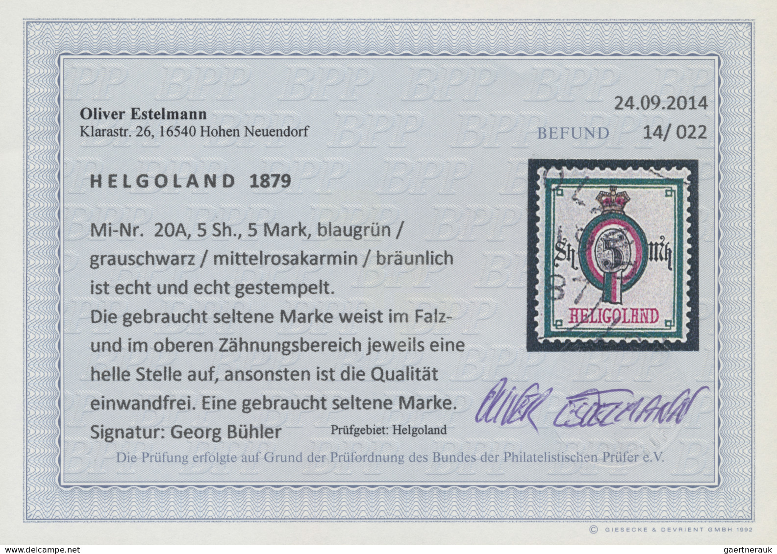 Helgoland - Marken Und Briefe: 1879, Ziffernausgabe 5 Sh / 5 M Blaugrün/mittelro - Héligoland