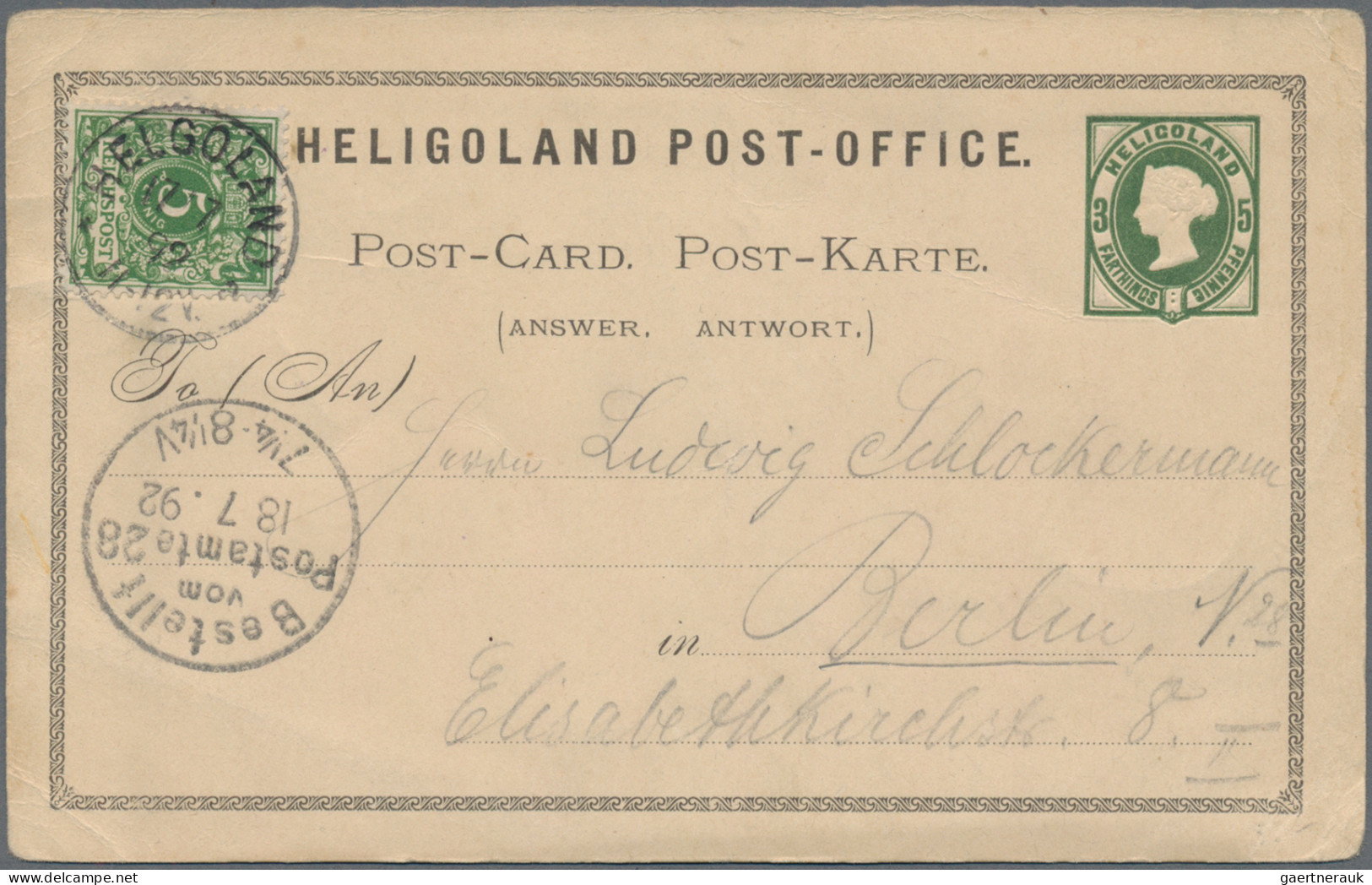 Helgoland - Ganzsachen: 1892, 5 Pf. Antwort-Gs. Mit DR 5 Pf. Ekr. "Helgoland 17 - Heligoland