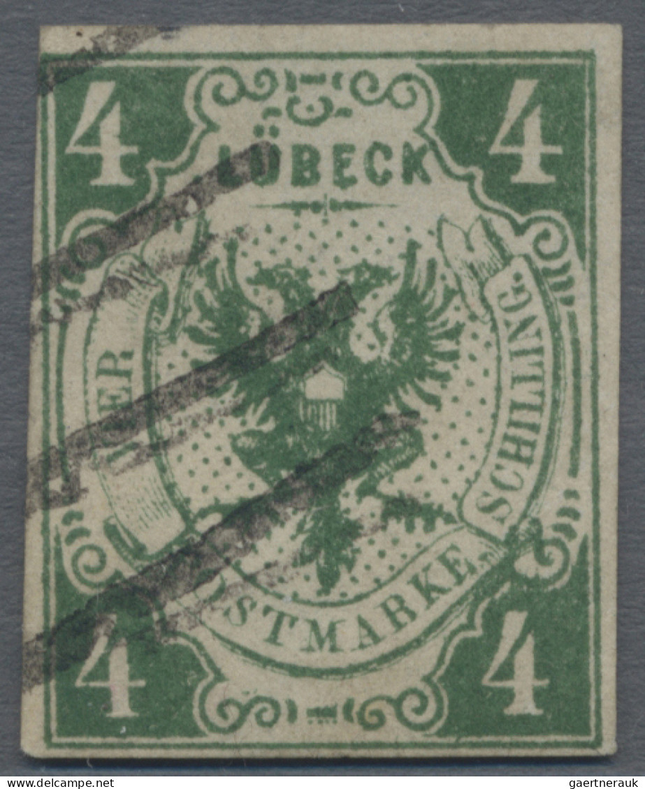 Lübeck - Marken Und Briefe: 1859, 4 S Dunkelgrün, Vollrandig, Entwertet Mit Fünf - Lubeck