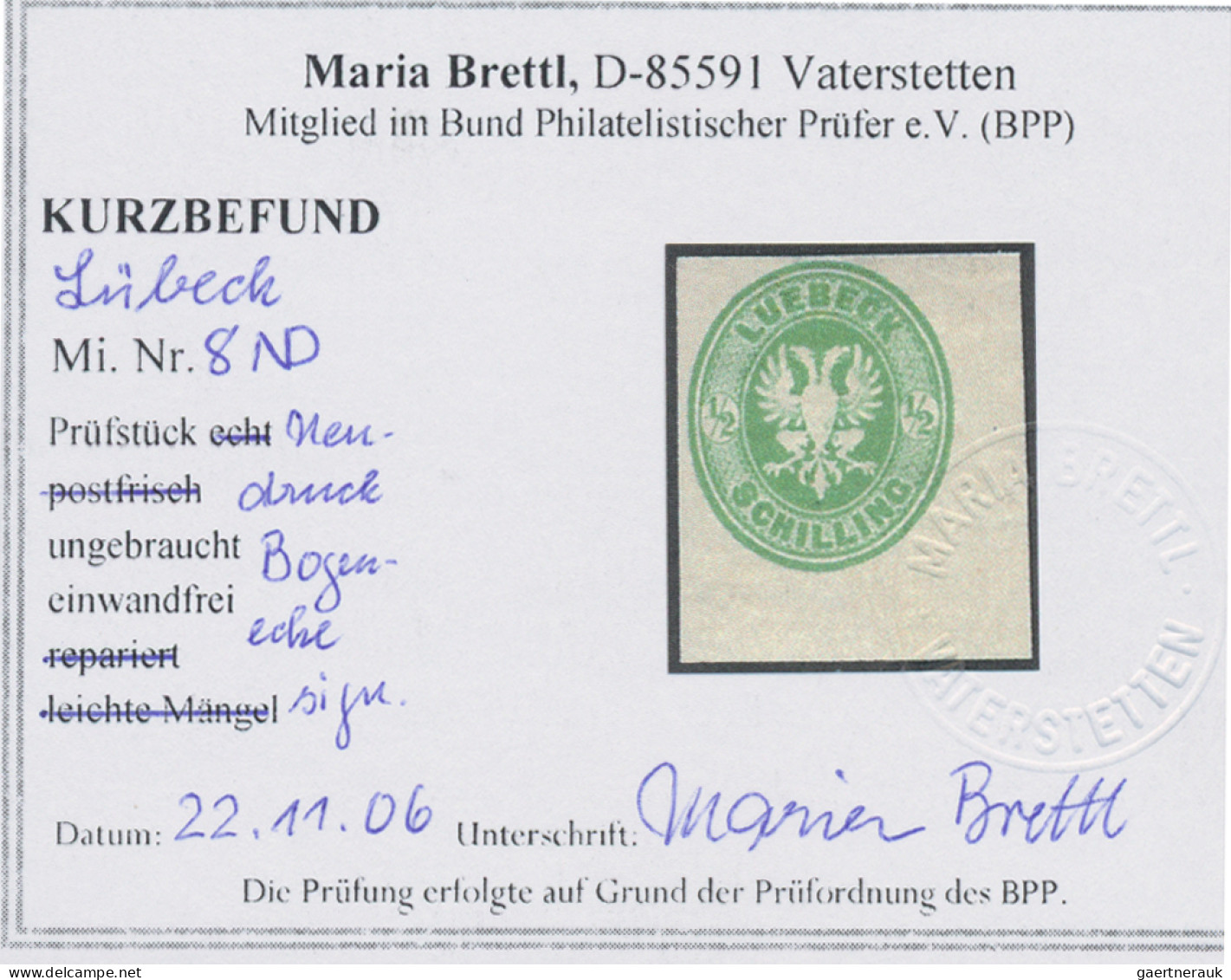 Lübeck - Marken Und Briefe: 1872, ½ S Dunkelgelblichgrün, Geschnittener Neudruck - Luebeck