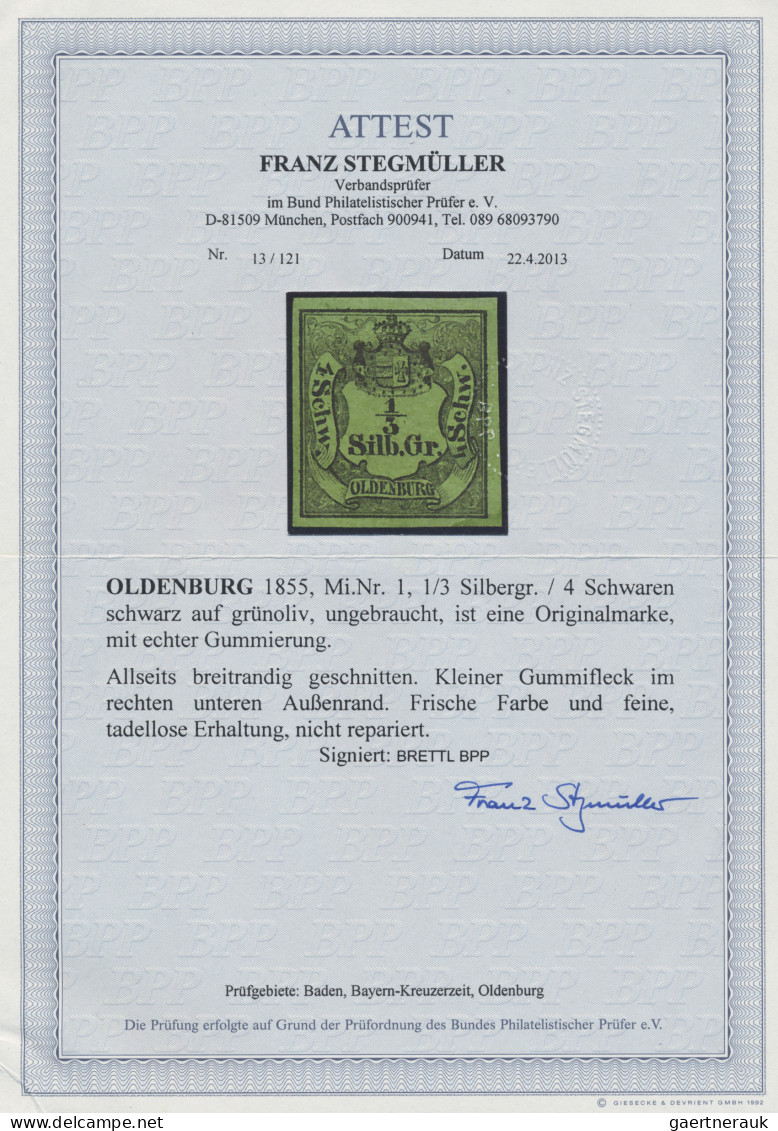 Oldenburg - Marken Und Briefe: 1852, Wappen-Ausgabe 1/3 Sgr Schwarz Auf Grünoliv - Oldenbourg