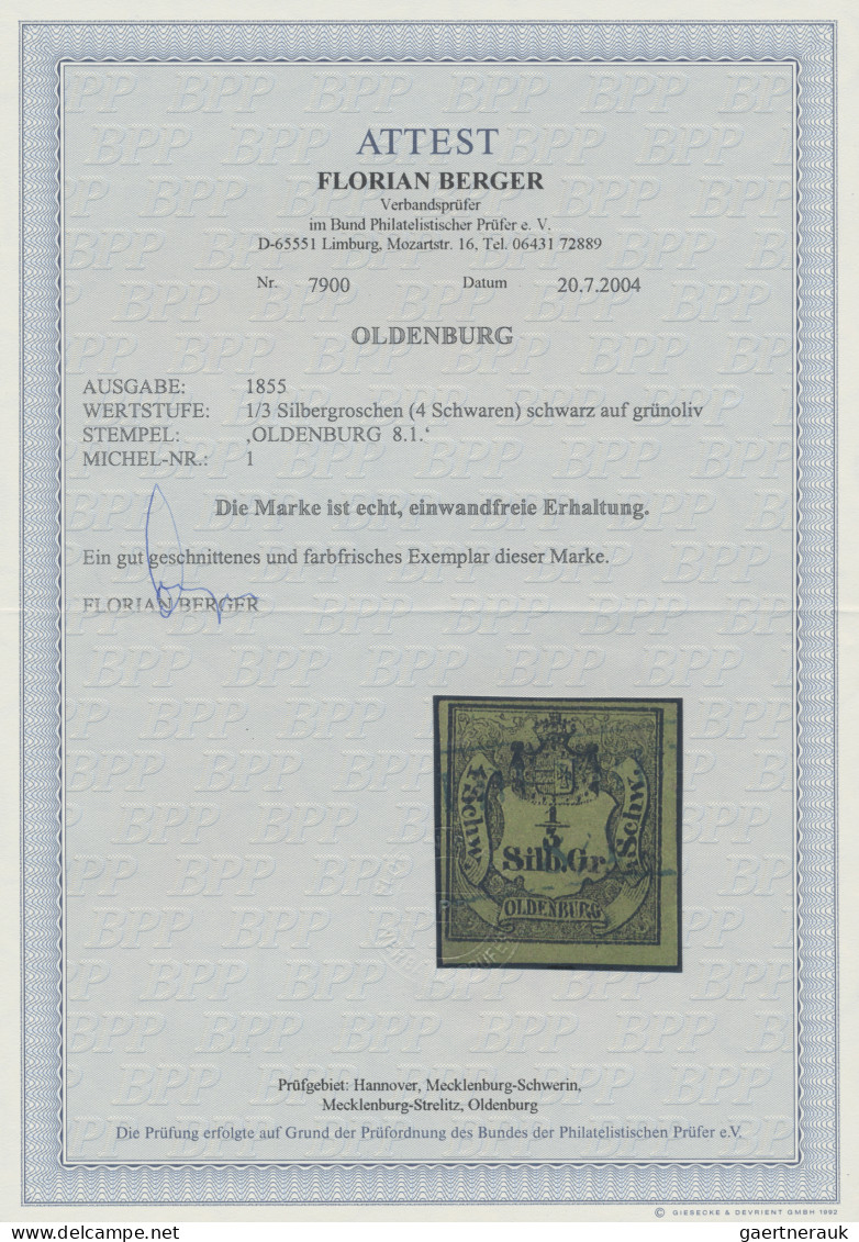 Oldenburg - Marken Und Briefe: 1852, Wappen-Ausgabe 1/3 Sgr Schwarz Auf Grünoliv - Oldenburg