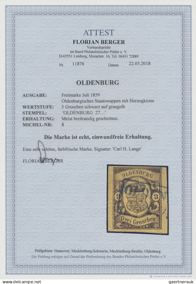 Oldenburg - Marken Und Briefe: 1859, 3 Gr Schwarz Auf Graugelb, Farbfrisches Und - Oldenbourg