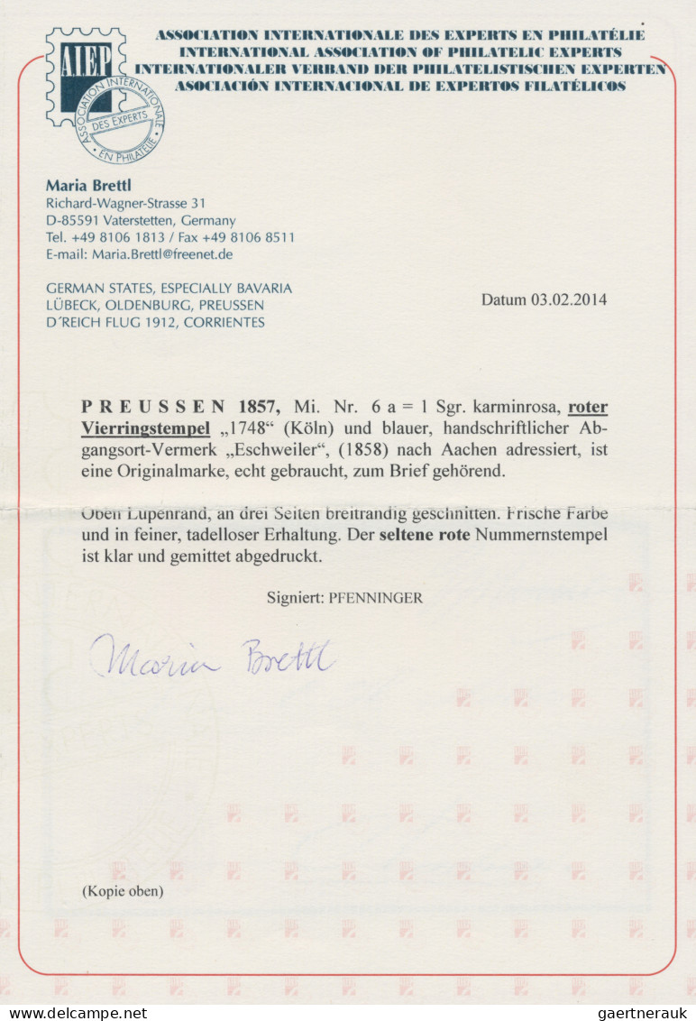 Preußen - Marken Und Briefe: 1857, 1 Sgr Karminrosa übergehend Entwertet Mit Sel - Sonstige & Ohne Zuordnung