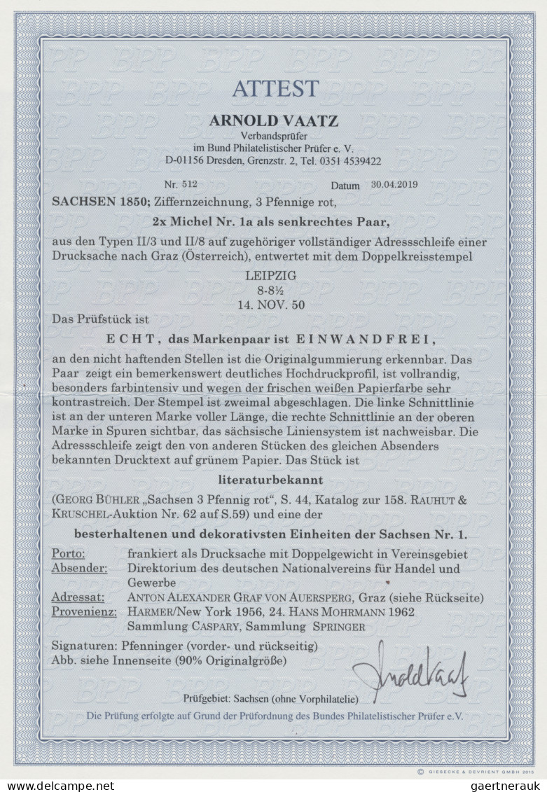 Sachsen - Marken Und Briefe: 1850, 3 Pfge Rot, Senkrechtes Paar Auf Vollständige - Saxe