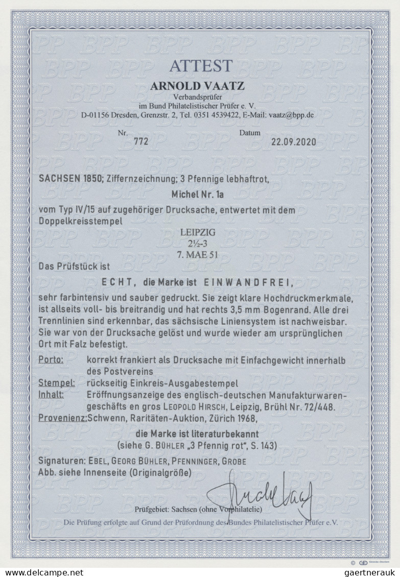Sachsen - Marken Und Briefe: 1850, 3 Pfge Lebhaftrot Vom Typ IV/15 Auf Zugehörig - Sachsen