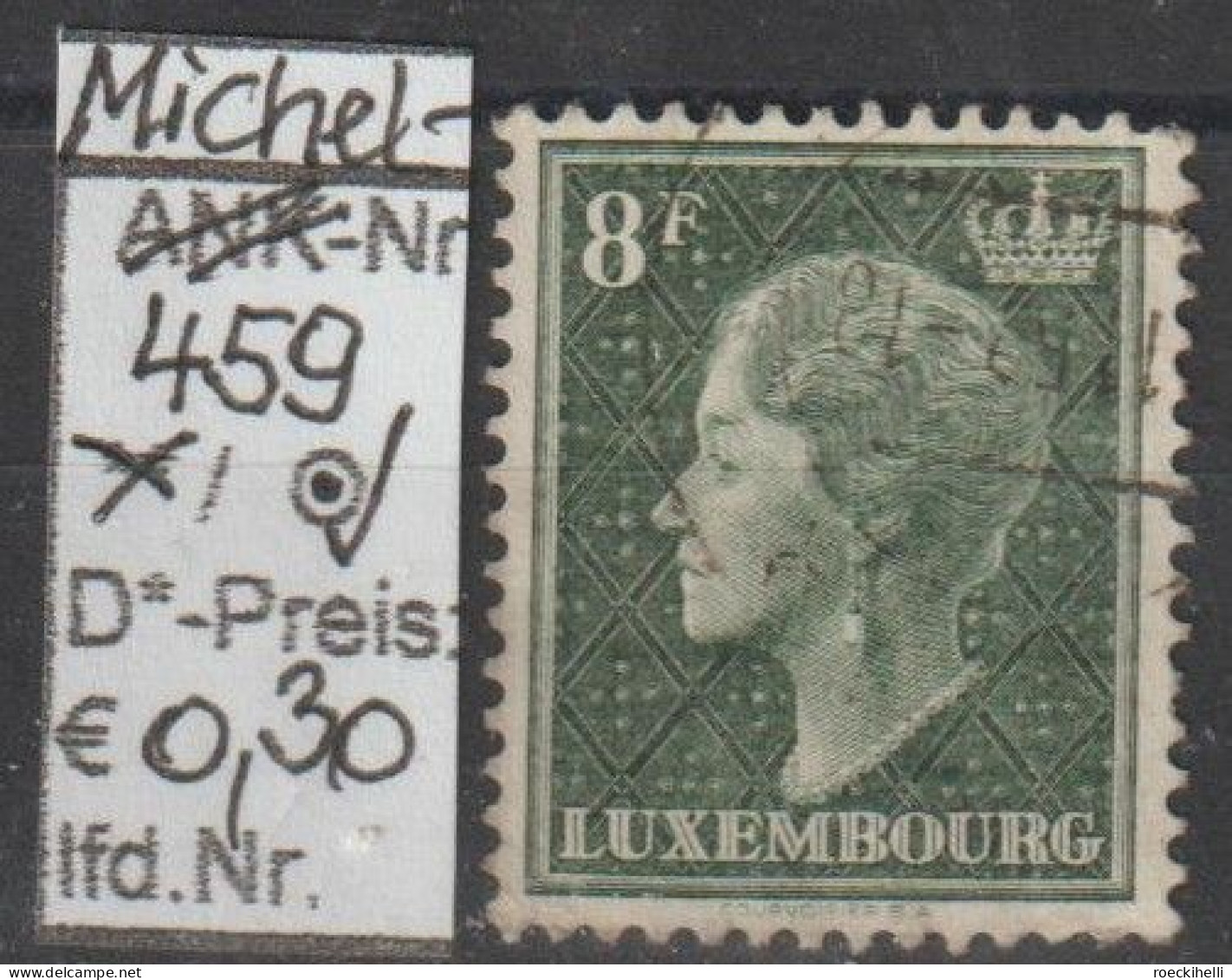 1949 - LUXEMBURG - FM/DM "Großherzogin Charlotte" 8 Fr Dkl'grün  - O  Gestempelt - S. Scan (lux 459o) - 1948-58 Charlotte Linksprofil