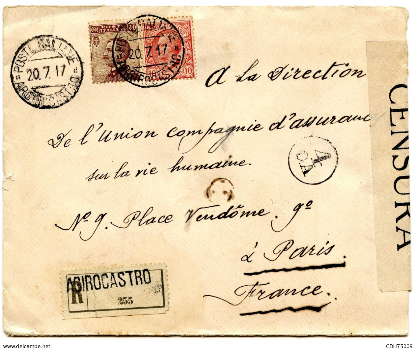 ITALIE - EGEE - LETTRE RECOMMANDEE CENSUREE D'ARGIROCASTRO POUR PARIS, 1917 - Egeo