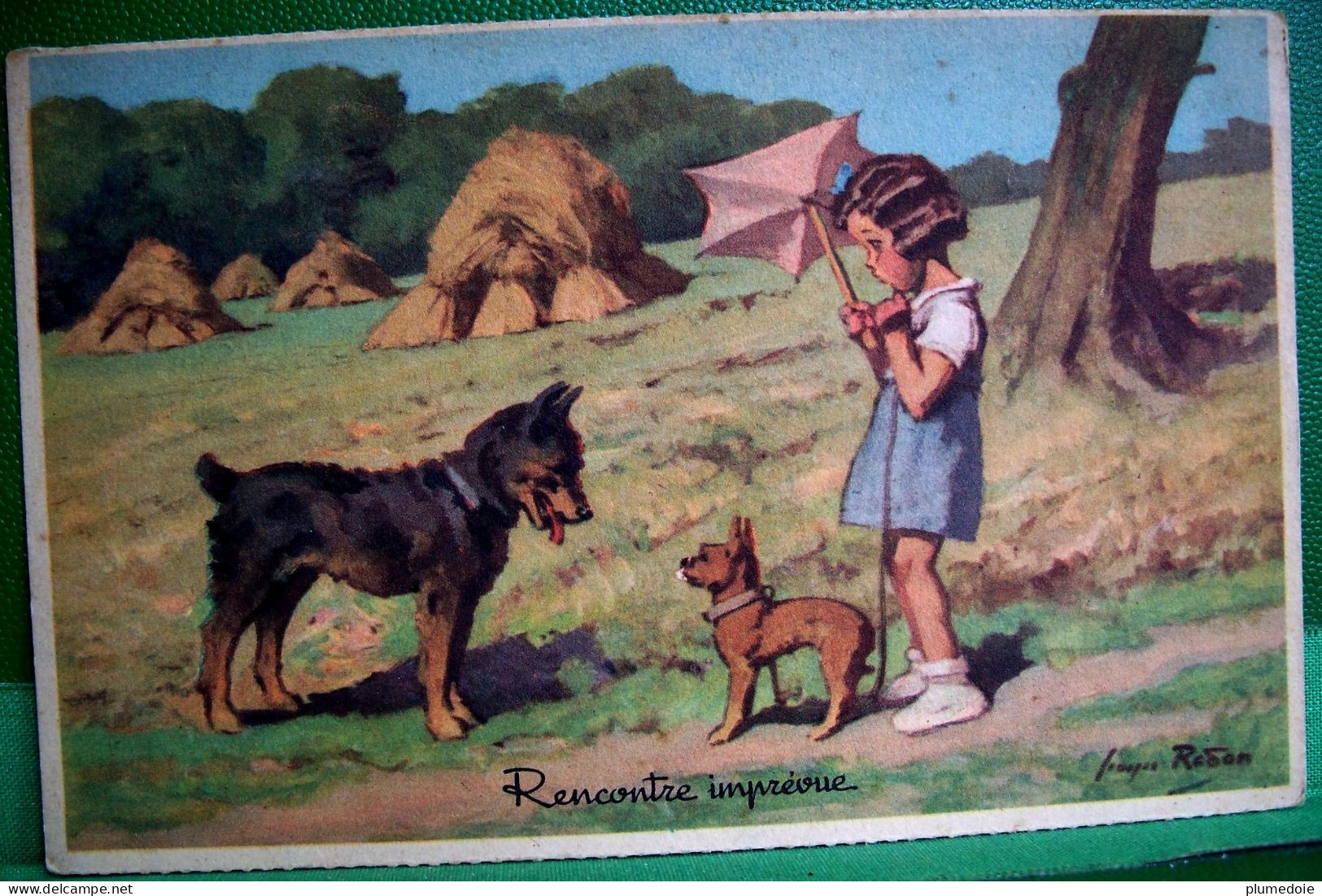 Cpa ENFANT HUMOUR  RENCONTRE IMPREVUE  PETITE FILLE 2 CHIENS , Girl 2 Dogs  COMIC A/s  Illustrateur Georges REDON - Scènes & Paysages