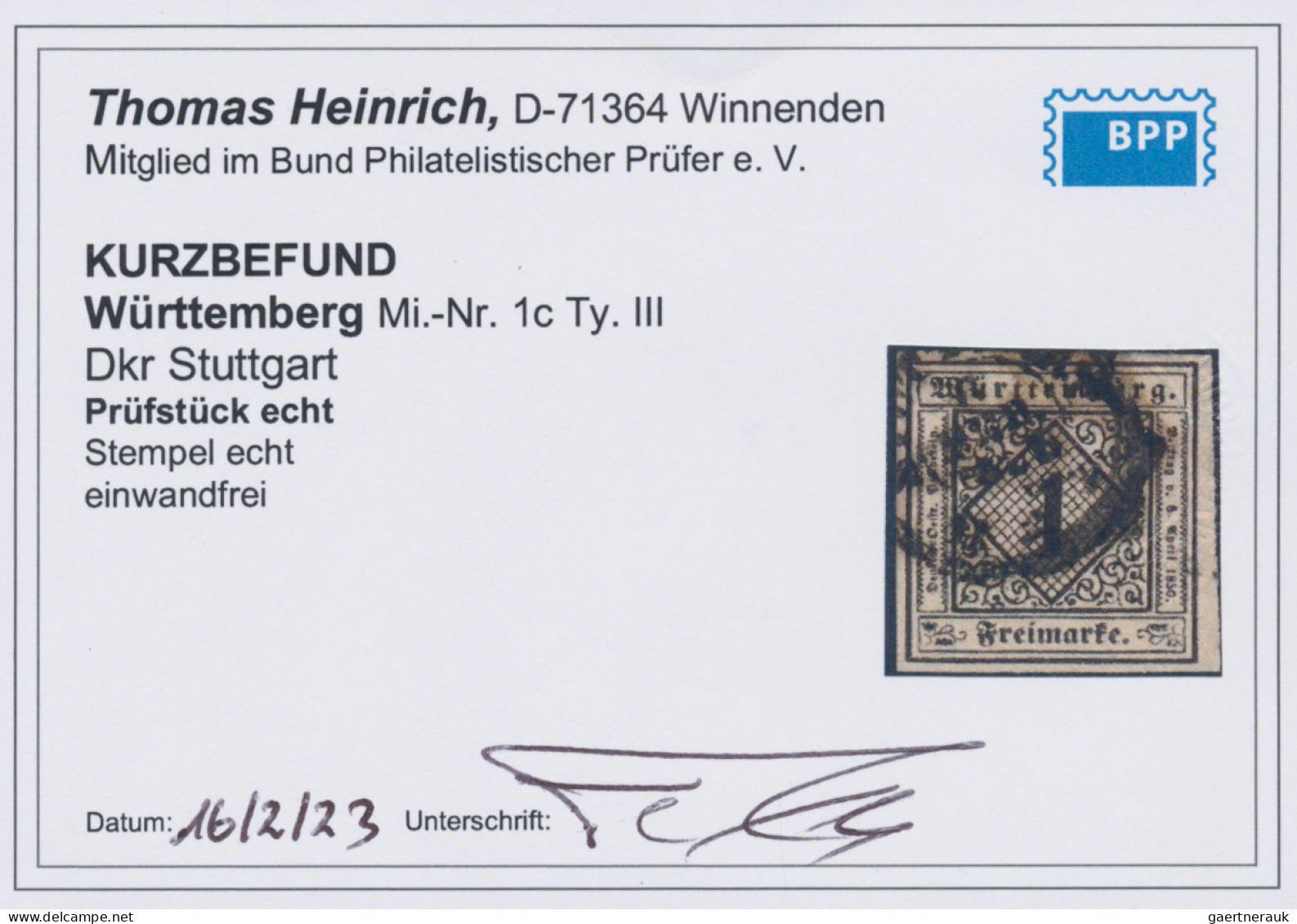 Württemberg - Marken Und Briefe: 1851, 1 Kr. Schwarz Auf Altelfenbein, Type III, - Autres & Non Classés