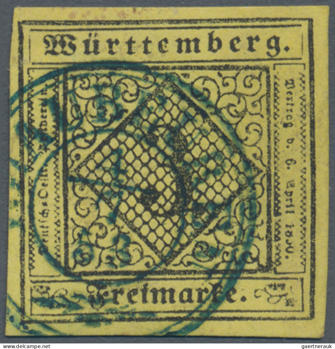 Württemberg - Marken Und Briefe: 1851, 3 Kr. Schwarz Auf Hellgelb, Type I, Blaue - Sonstige & Ohne Zuordnung