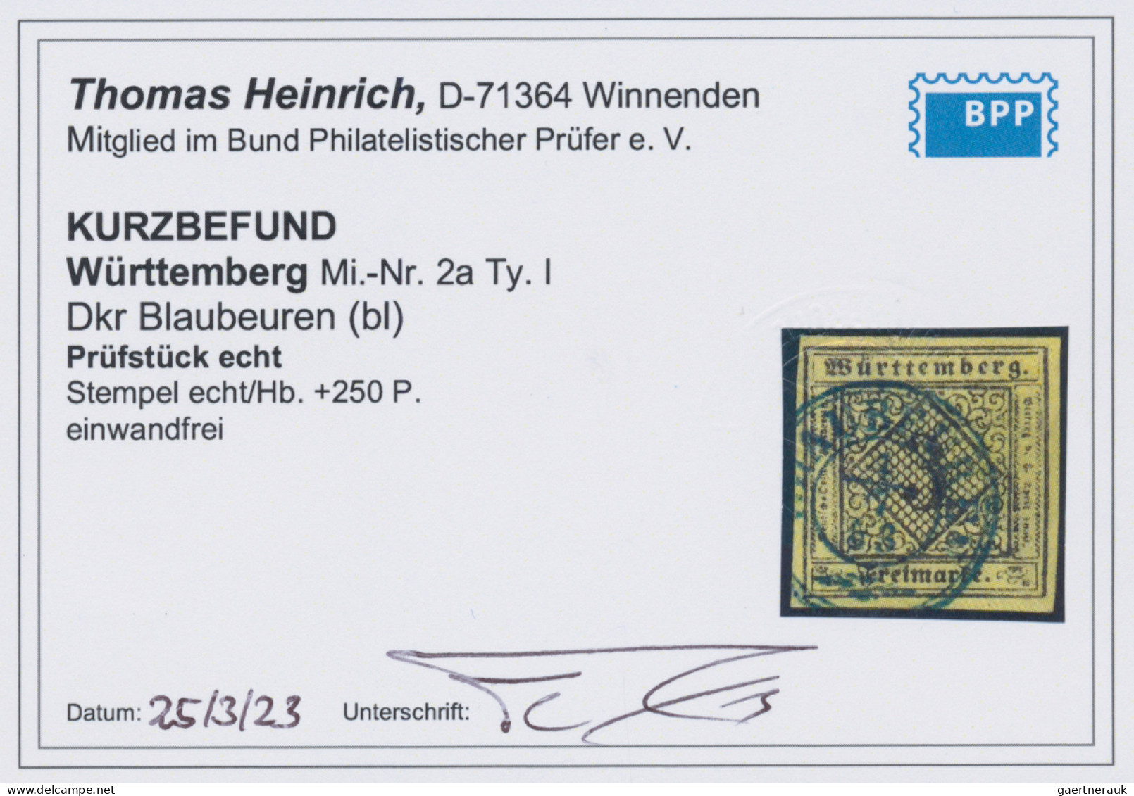 Württemberg - Marken Und Briefe: 1851, 3 Kr. Schwarz Auf Hellgelb, Type I, Blaue - Autres & Non Classés