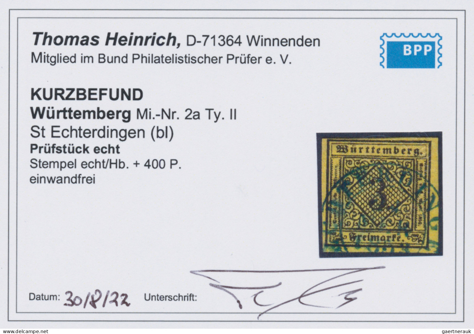 Württemberg - Marken Und Briefe: 1851, 3 Kr. Schwarz Auf Hellgelb, Type II, Blau - Sonstige & Ohne Zuordnung