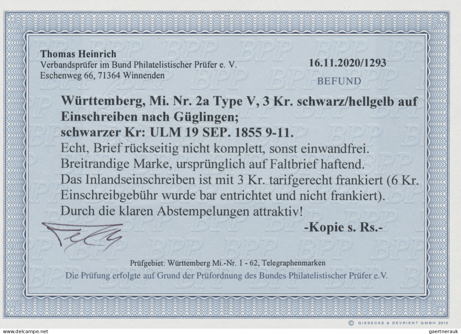 Württemberg - Marken Und Briefe: 1851, 3 Kr. Schwarz Auf Hellgelb, Type V, Einze - Sonstige & Ohne Zuordnung