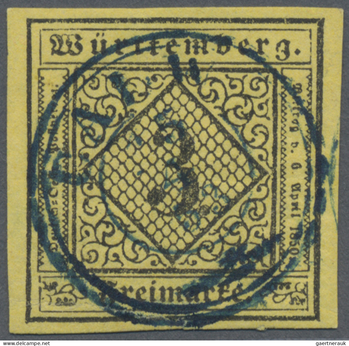 Württemberg - Marken Und Briefe: 1851, 3 Kr. Schwarz Auf Pastellgelb, Blauer K 2 - Autres & Non Classés