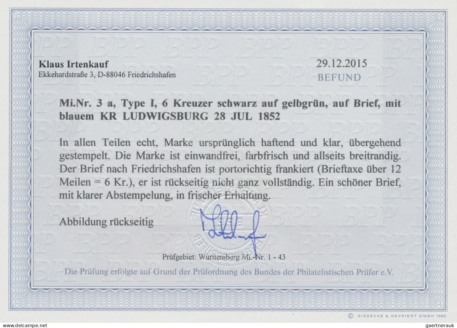 Württemberg - Marken Und Briefe: 1852, 6 Kr Schwarz Auf Gelbgrün, Auf Brief, übe - Autres & Non Classés