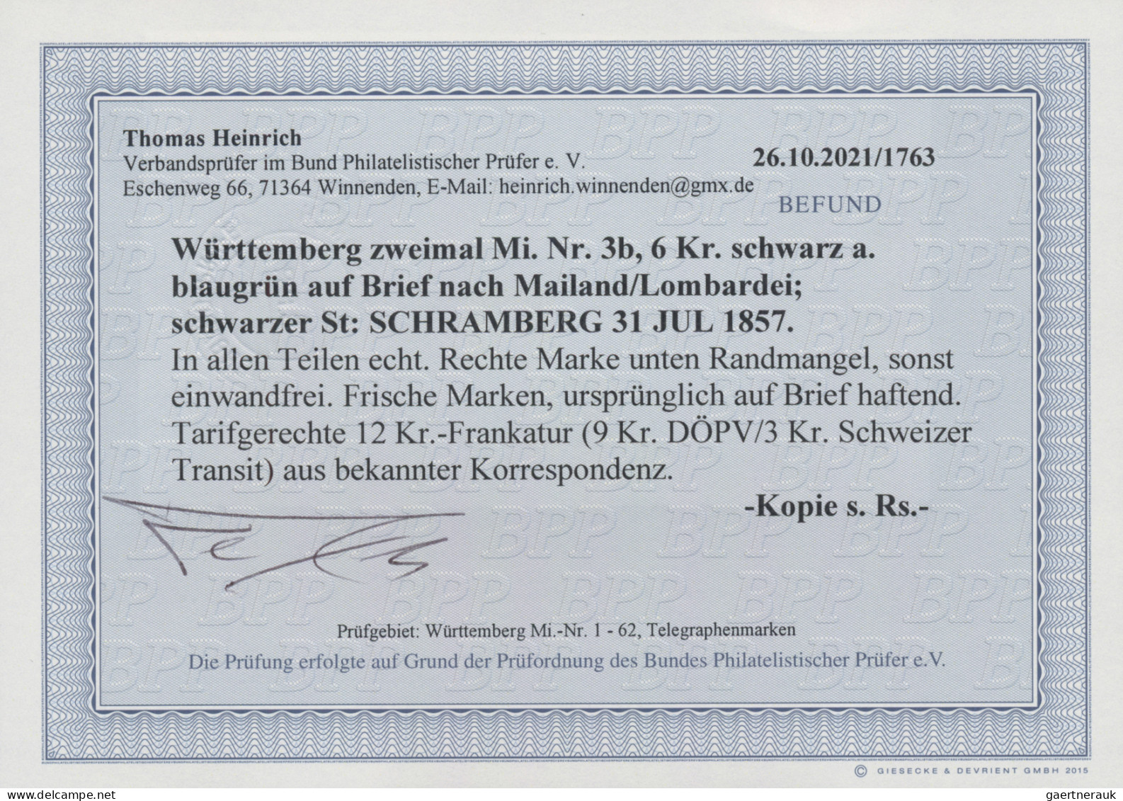 Württemberg - Marken Und Briefe: 1857, 6 Kr. Schwarz Auf Blaugrün, Zwei Farbfris - Sonstige & Ohne Zuordnung