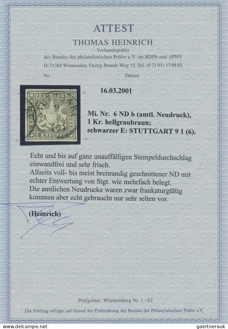 Württemberg - Marken Und Briefe: 1857, 1 Kr. Hellgraubraun, Amtlicher Neudruck, - Sonstige & Ohne Zuordnung