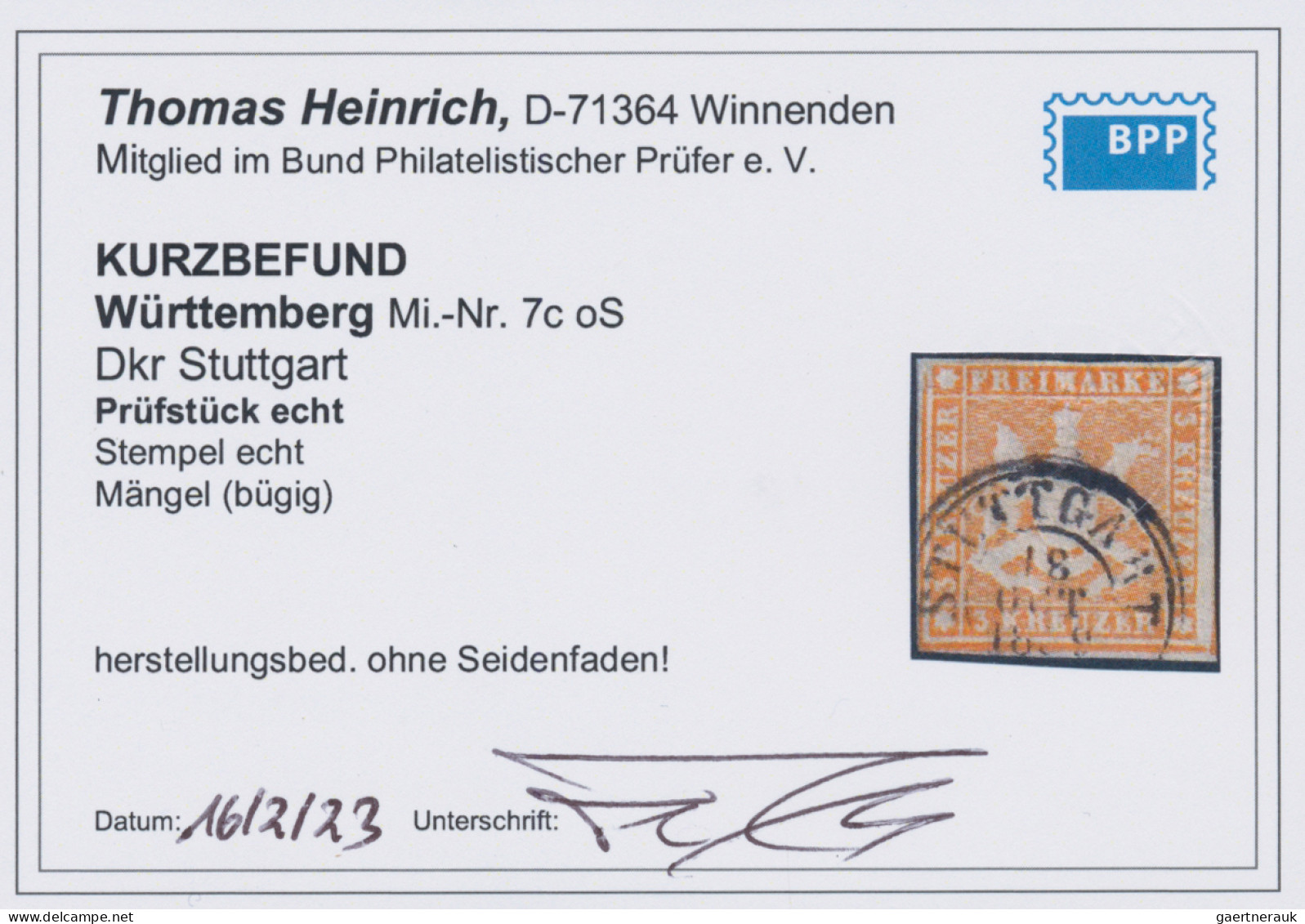 Württemberg - Marken Und Briefe: 1857, 3 Kr. Gelblichorange, Ohne Seidenfaden, M - Other & Unclassified