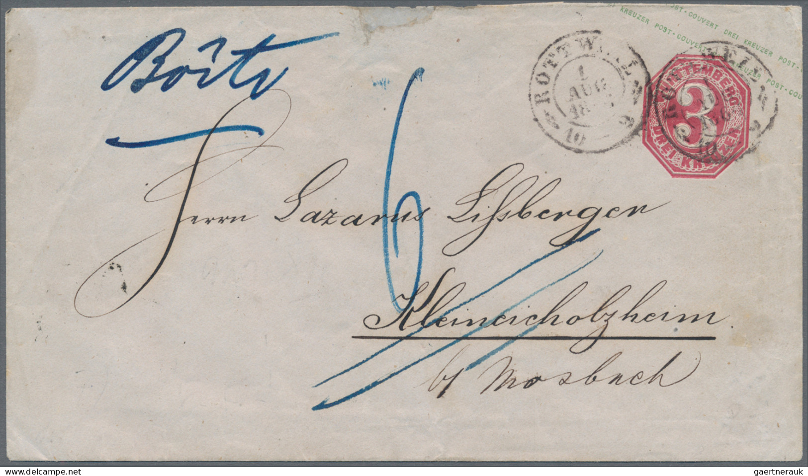 Württemberg - Ganzsachen: 1863, Ganzsachen-Umschlag 3 Kr. Karmin, K 2 ROTTWEIL N - Sonstige & Ohne Zuordnung