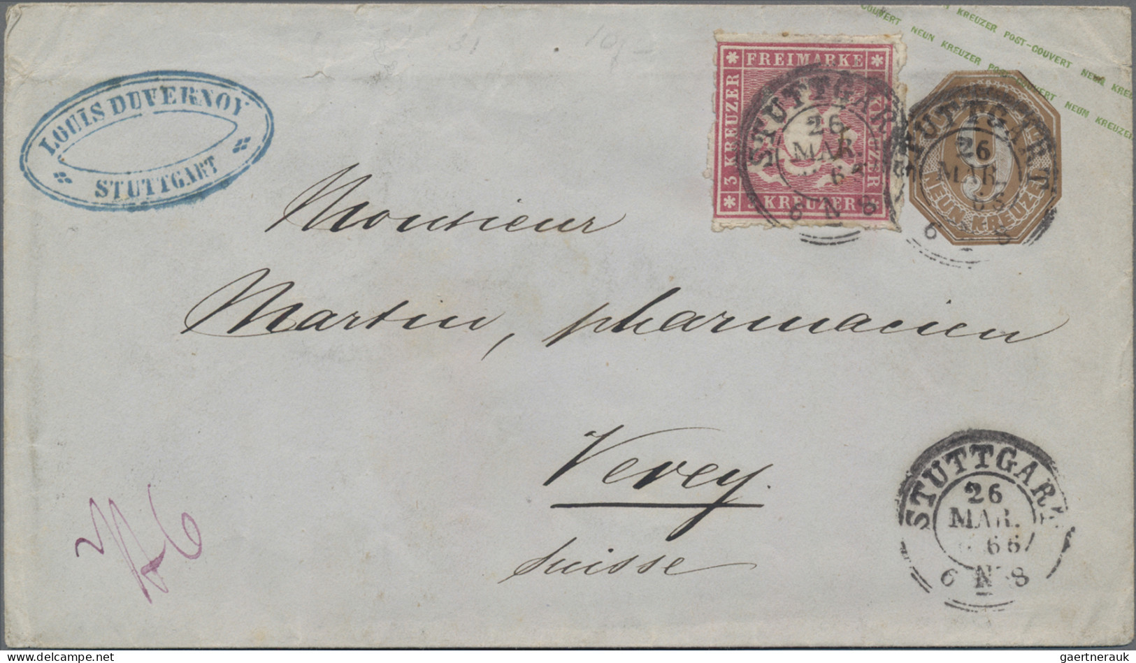 Württemberg - Ganzsachen: 1866, Ganzsachenumschlag 9 Kr. Braun Mit Zusatzfrankat - Other & Unclassified