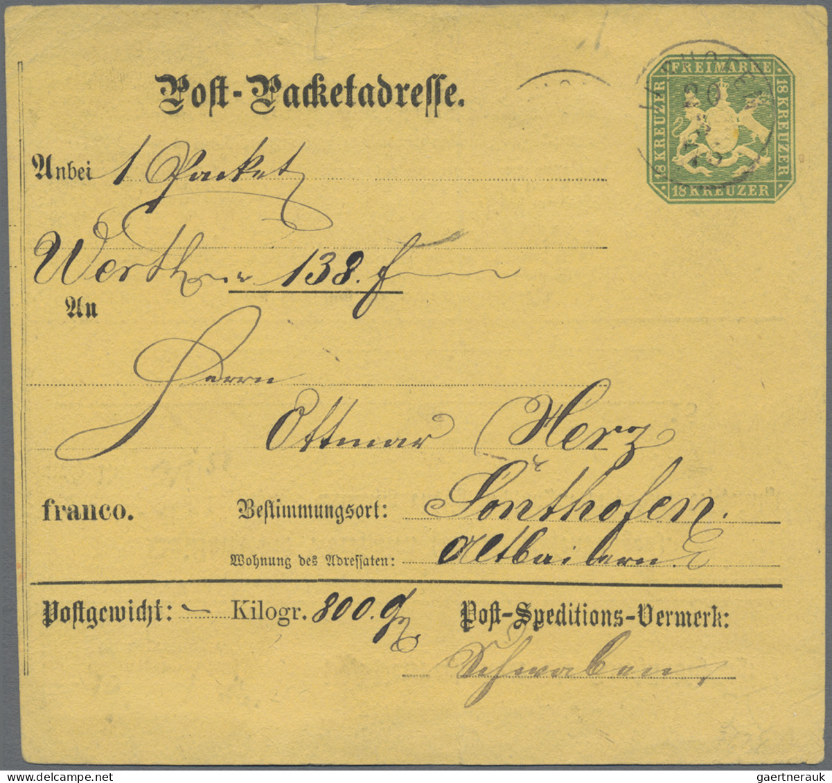 Württemberg - Ganzsachen: 1875, 18 Kreuzer Paketkarte Von Ilshofen (20.5.1875) N - Other & Unclassified