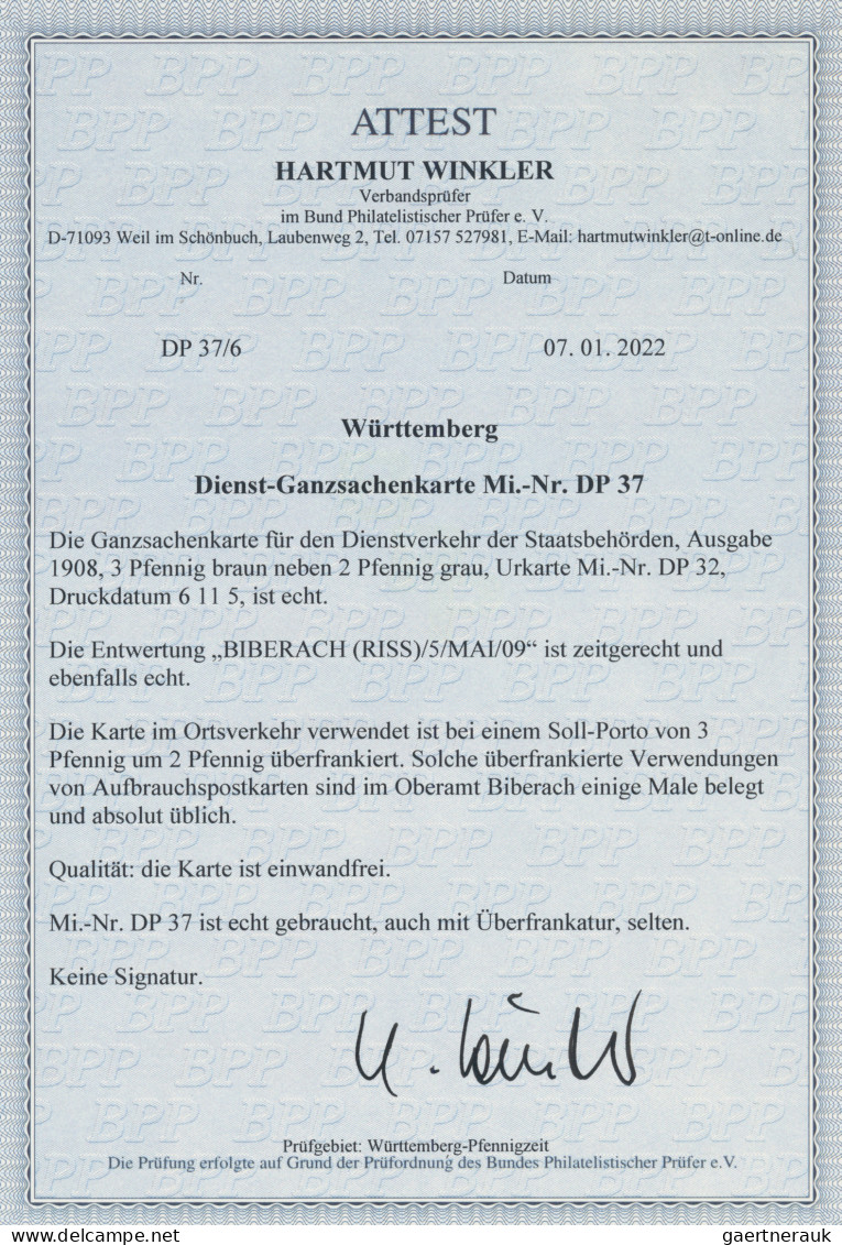 Württemberg - Ganzsachen: 1908, Ortsdienstpostkarte Mit Zugedrucktem Wertstempel - Other & Unclassified