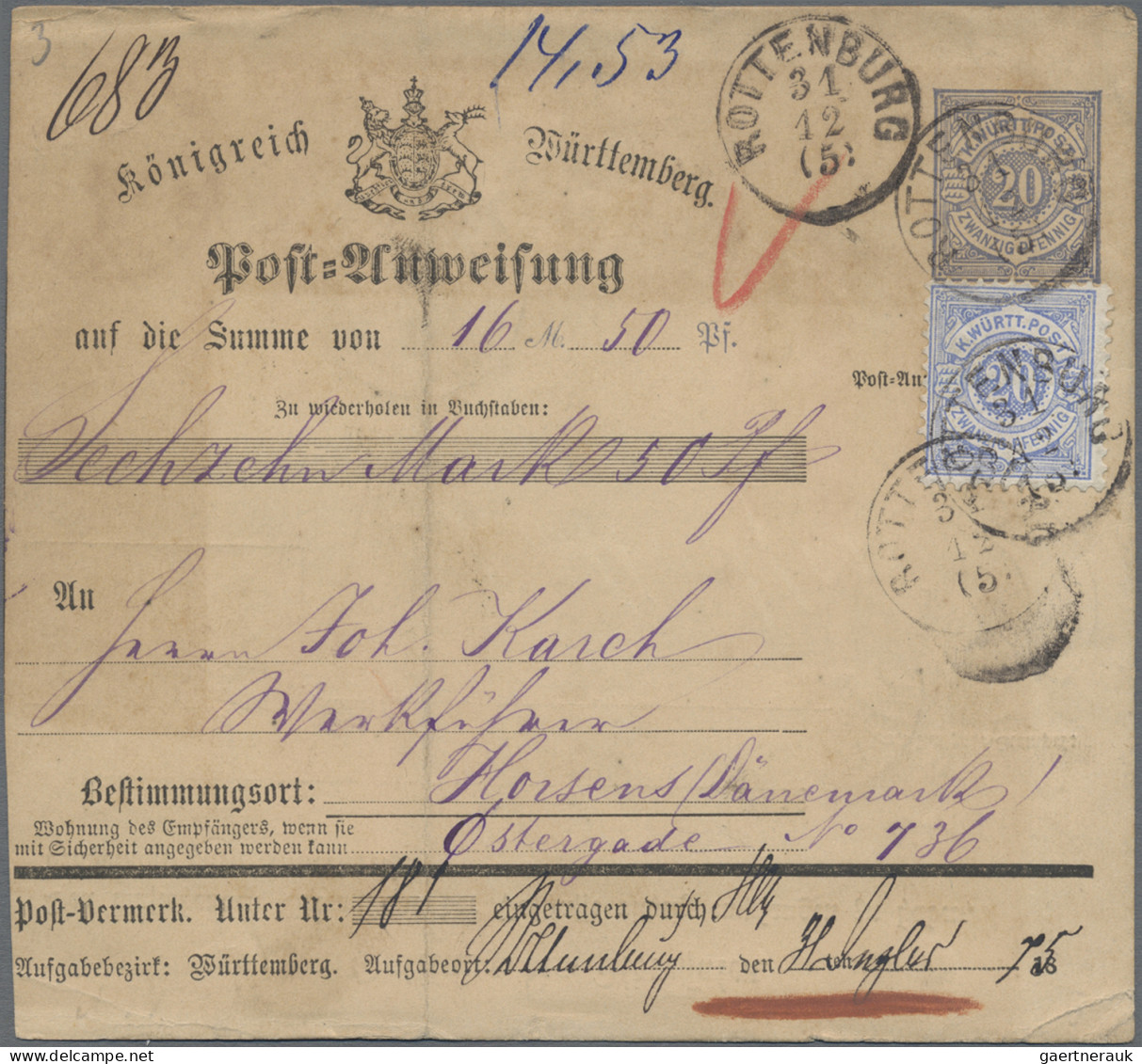 Württemberg - Postanweisungen: 1875, Inlands-Postanweisung 20 Pfg. Grauultramari - Sonstige & Ohne Zuordnung
