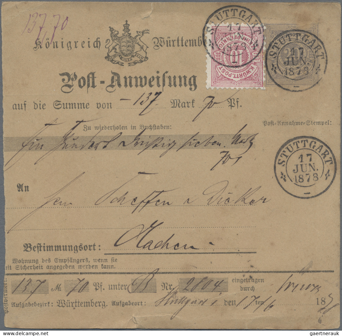 Württemberg - Postanweisungen: 1878, Post-Anweisung 20 Pfg (ohne Empfängerabschn - Other & Unclassified