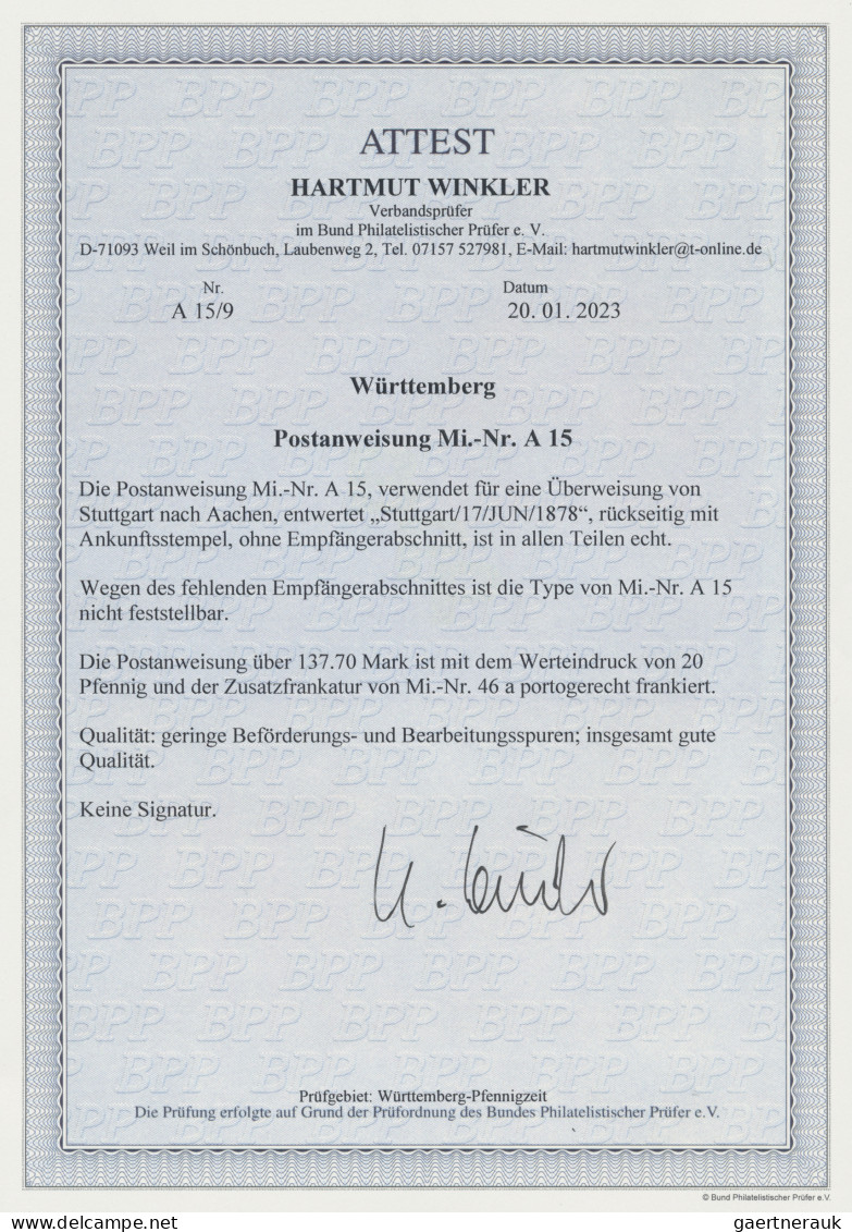 Württemberg - Postanweisungen: 1878, Post-Anweisung 20 Pfg (ohne Empfängerabschn - Otros & Sin Clasificación