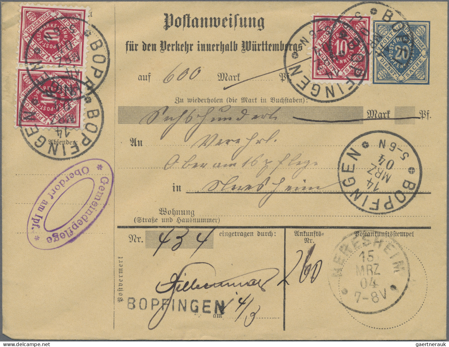 Württemberg - Postanweisungen: 1904, 2 Verschiedene Postanweisungs-GA-Umschläge, - Sonstige & Ohne Zuordnung