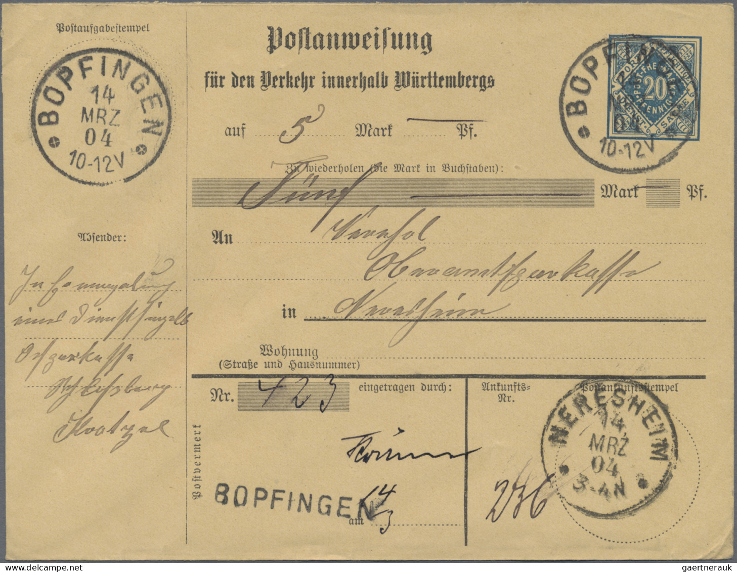 Württemberg - Postanweisungen: 1904, 2 Verschiedene Postanweisungs-GA-Umschläge, - Other & Unclassified