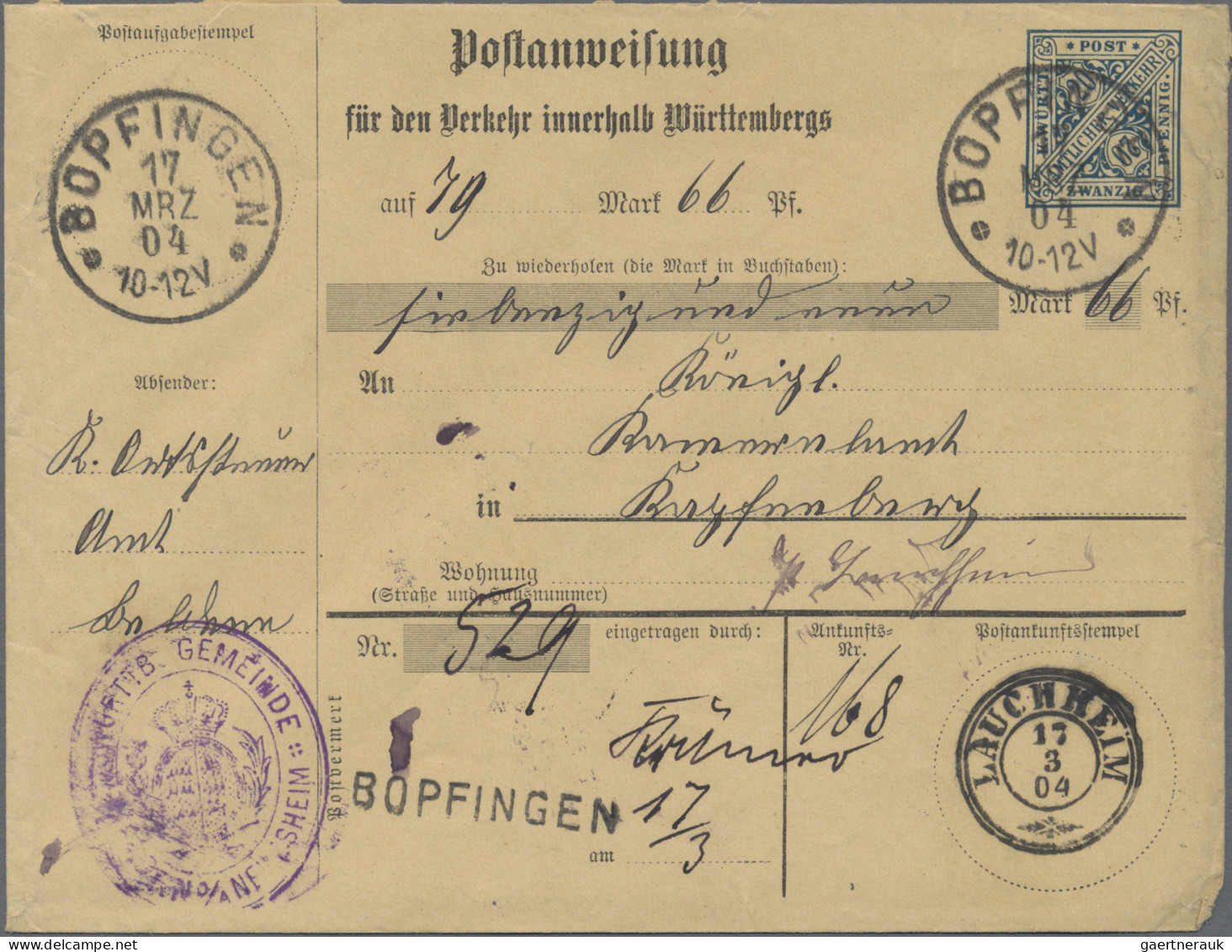 Württemberg - Postanweisungen: 1904, 2 Verschiedene Postanweisungs-GA-Umschläge, - Sonstige & Ohne Zuordnung