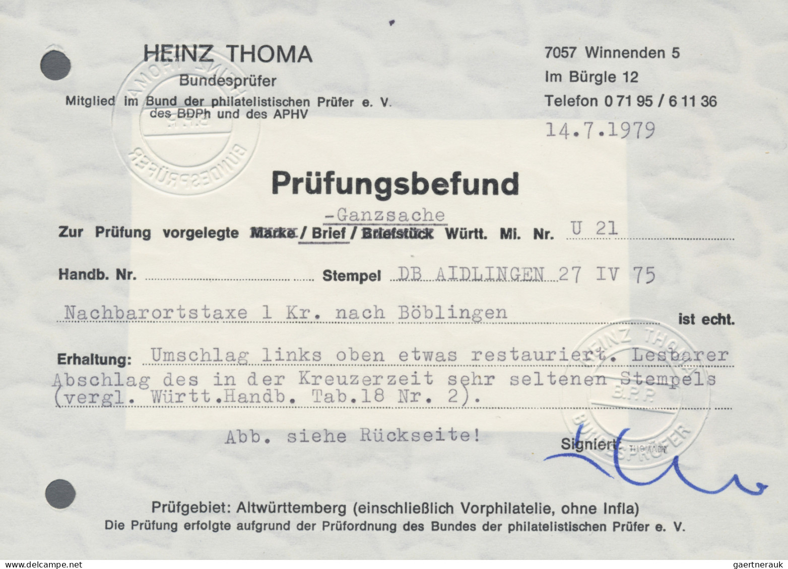 Württemberg - Datumsbrückenstempel: 1875, "AIDLINGEN 27 IV 75", Klarer Abschlag - Other & Unclassified