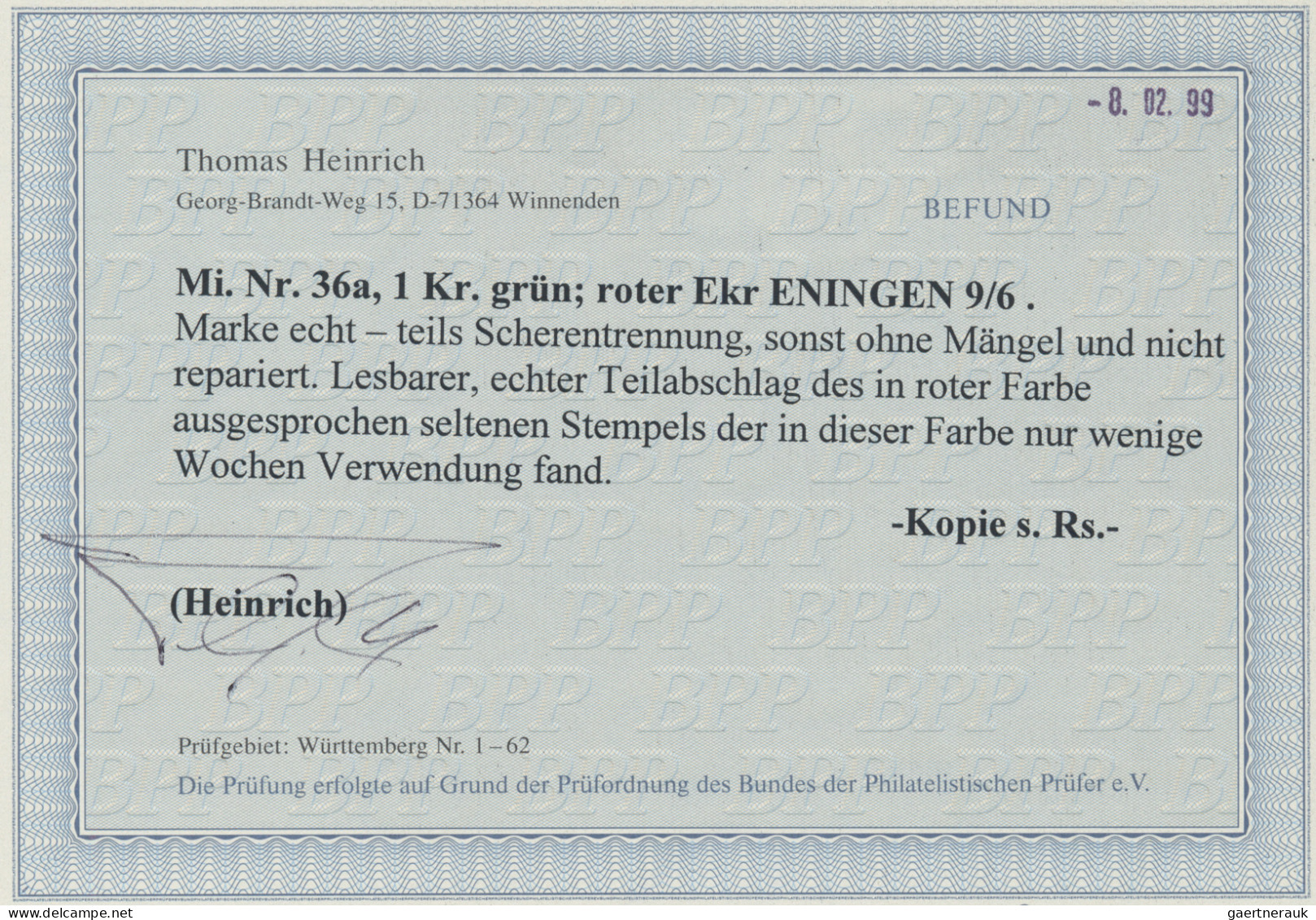 Württemberg - Einkreisstempel: ENINGEN, K 1 Rot Auf 1 Kr., Teils Scherentrennung - Andere & Zonder Classificatie