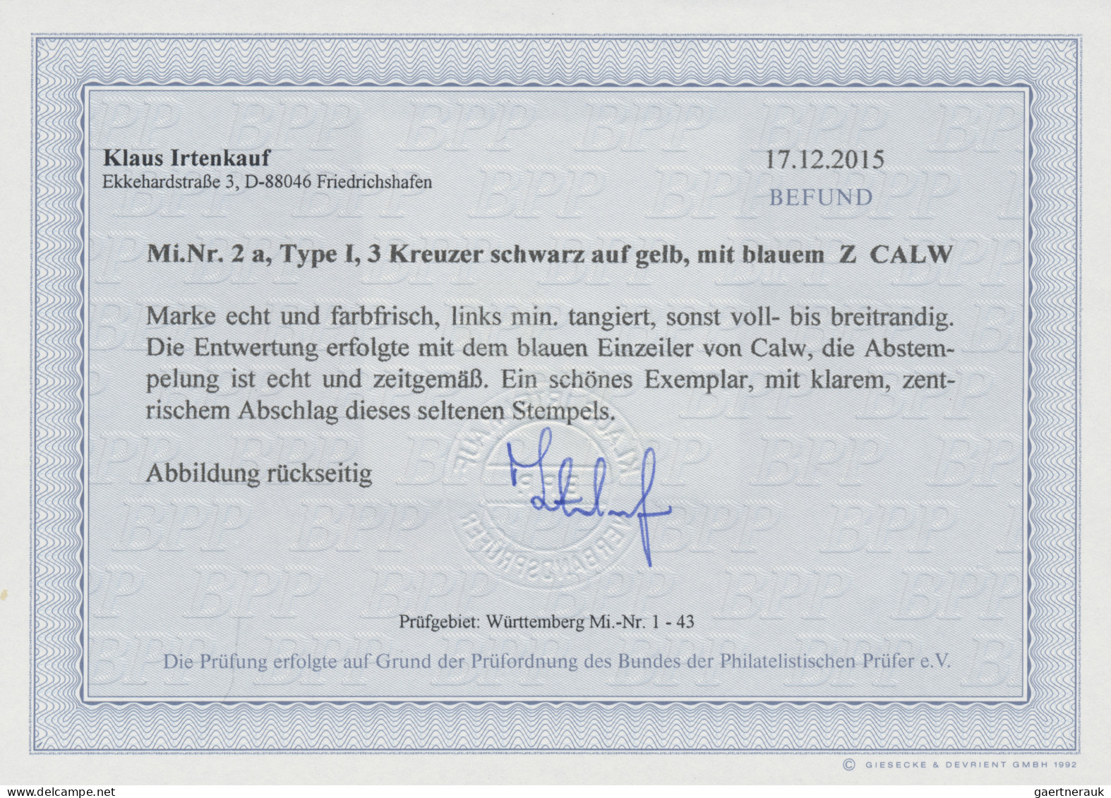 Württemberg - Langstempel, Einzeilig: CALW, L 1 Blau, Zentriert Auf 3 Kr., Type - Otros & Sin Clasificación