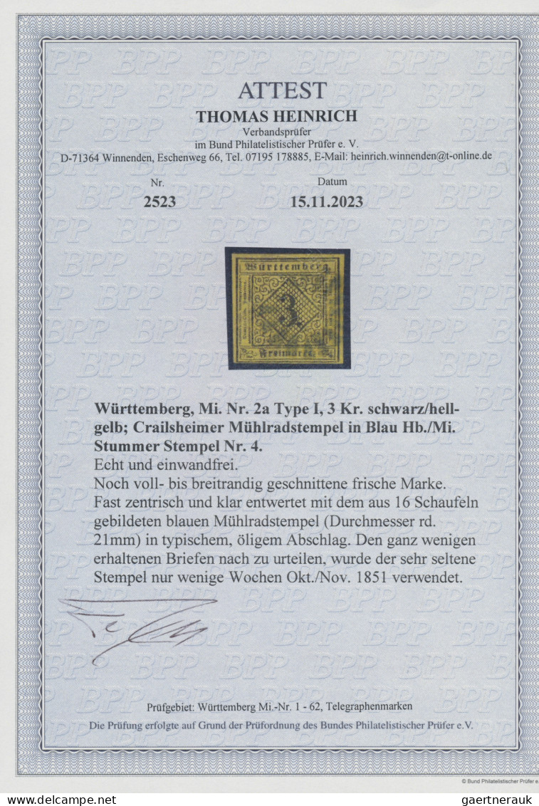 Württemberg - Stumme Stempel: 1851, CRAILSHEIM, Der Stumme Mühlradstempel Als Kl - Otros & Sin Clasificación