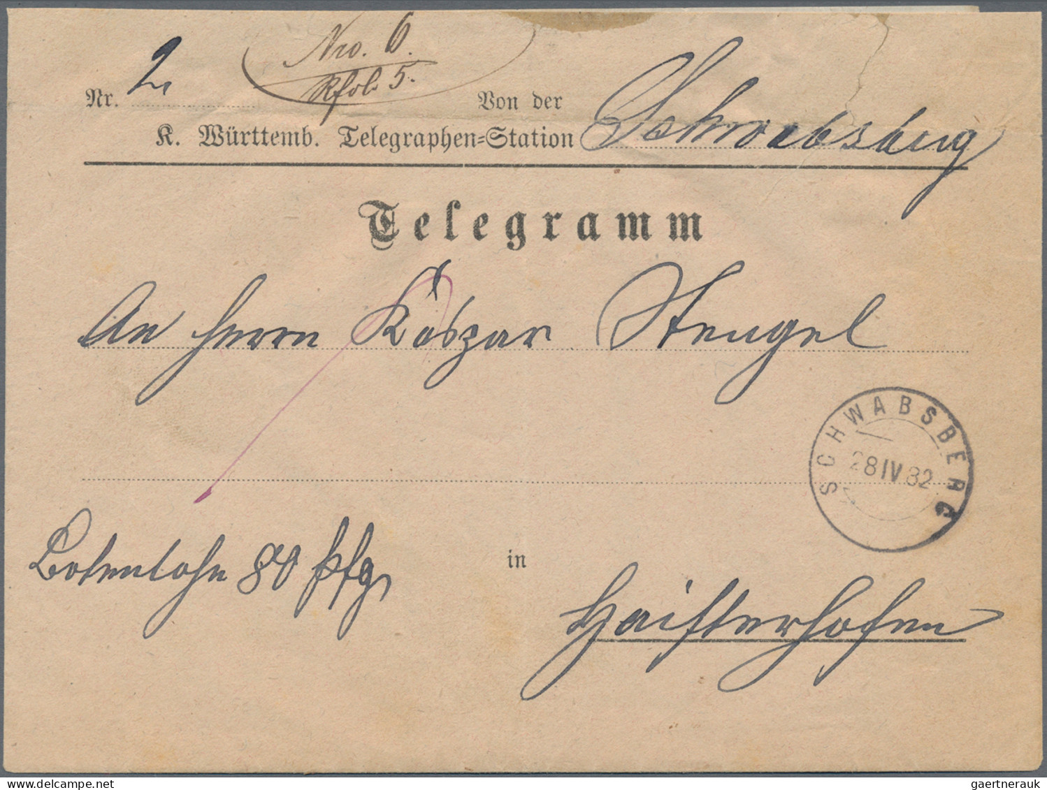 Württemberg - Besonderheiten: 1882, Telegramm-Briefumschlag (im Oberen Bereich T - Otros & Sin Clasificación