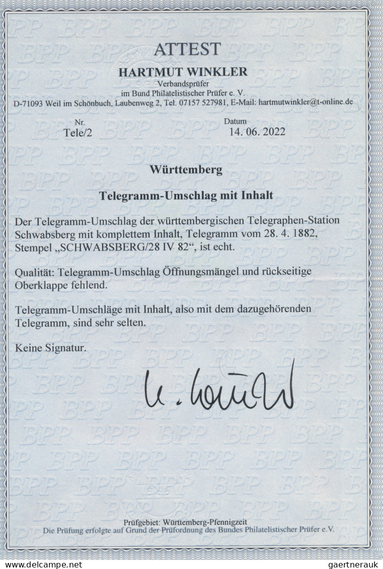 Württemberg - Besonderheiten: 1882, Telegramm-Briefumschlag (im Oberen Bereich T - Sonstige & Ohne Zuordnung