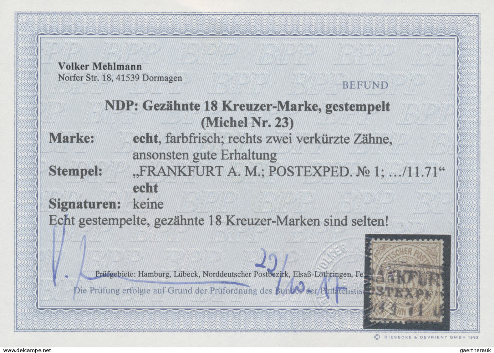 Norddeutscher Bund - Marken Und Briefe: 1869, 18 Kr Gezähnt, Entwertet Mit R3 "F - Sonstige & Ohne Zuordnung