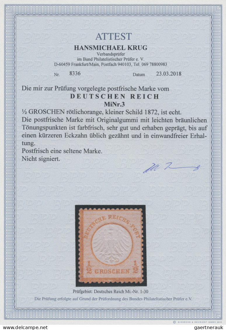 Deutsches Reich - Brustschild: 1872, Kleiner Schild ½ Gr Rötlichorange, Postfris - Ungebraucht